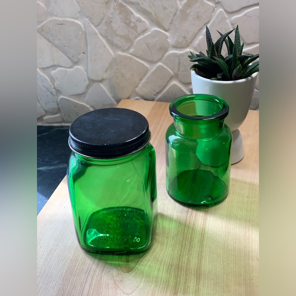 VINTAGE GREEN GLASS | Set of 2 | Duraglas Storage Jar & Belgian Apothecary Jar